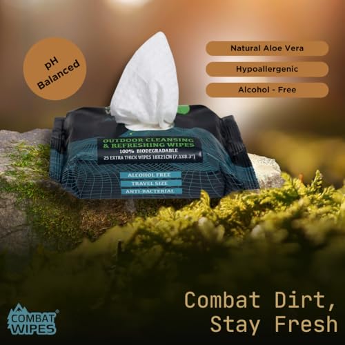 Combat Wipes ACTIVE Outdoor Wet Wipes - Extra Thick Camping Gear, Biodegradable, Body & Hand Cleansing/Refreshing Cloths for Backpacking & Gym w/Natural Aloe & Vitamin E(4 packs, 25 wipes each)