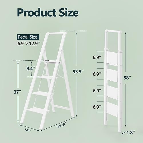WOA WOA 4 Step Ladder, Ladders for Home, Anti-Slip Pedals, Aluminum Step Stool Foldable, Lightweight to Move, Ease of Storage, Reach 9ft for Closet Kitchen Library, Hold 300lbs - White