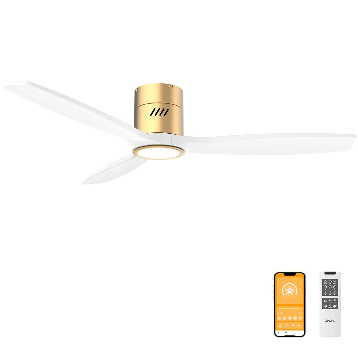 OPONL White Wood Ceiling Fan with Light 52inch, Low Profile, Remote Control, Noiseless, Reversible, 6CCT, Dimmable, 6 speeds, Timeable, Flush Mount Ceiling Fans with Lights for Living Room