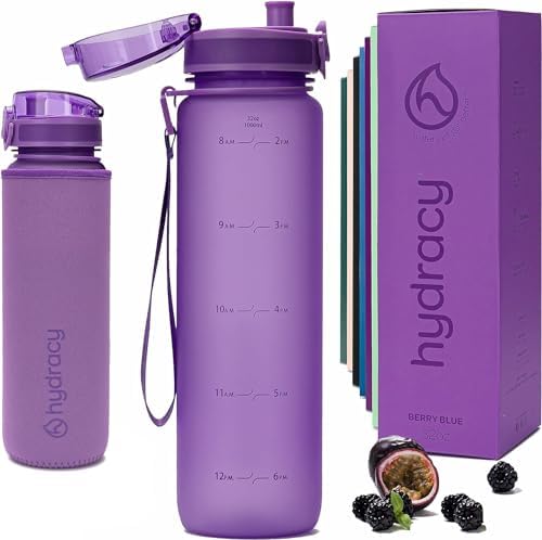 Hydracy Water Bottle with Time Marker -Large BPA Free Water Bottle & No Sweat Sleeve -Leak Proof Gym Bottle with Fruit Infuser Strainer & Times to Drink -Ideal for Fitness Sports & Outdoors