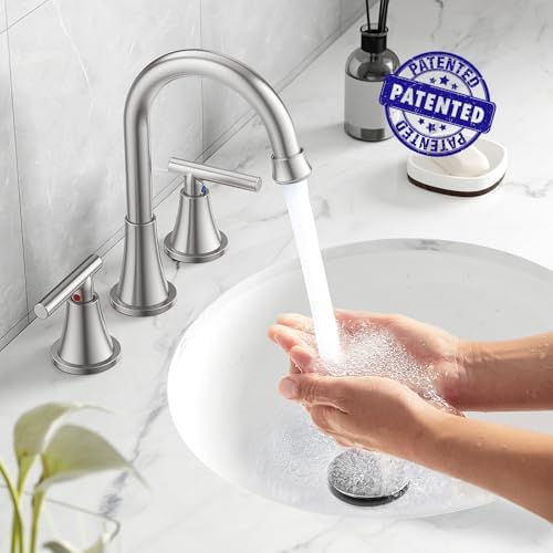 Bathroom Faucets for Sink 3 Hole, Hurran Brushed Nickel Bathroom Sink Faucet with Pop-up Drain and Supply Lines, Stainless Steel Lead-Free Widespread Faucet for Vanity RV Farmhouse Sink