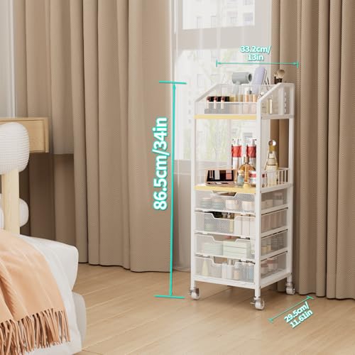 HapiRm Makeup Organizer Storage Cart - Floor Skincare Make Up Storage with 4 Drawers, Rolling Makeup Cart Vanity Organizer Cosmetics Display Cases Holder for Skin Care Perfume Nail Polish