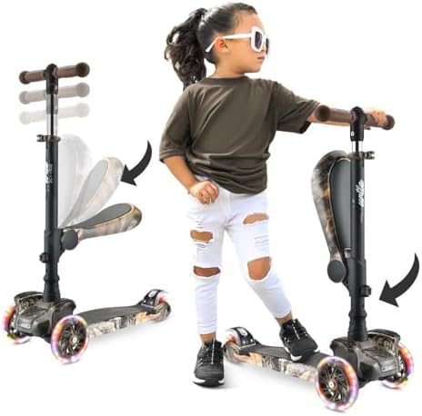 Hurtle 3-Wheeled Scooter for Kids - Wheel LED Lights, Adjustable Lean-to-Steer Handlebar, and Foldable Seat - Sit or Stand Ride with Brake for Boys and Girls Ages 1-14 Years Old