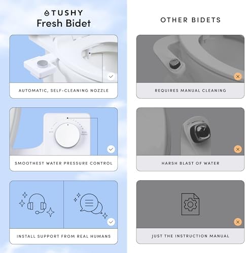 TUSHY Fresh Bidet: Ultra Slim Toilet Seat Attachment (Non-Electric Self-Cleaning Hygienic Nozzle) Easy DIY Install <10 Min (Adjustable Water Pressure Control), Matte Brass Knob