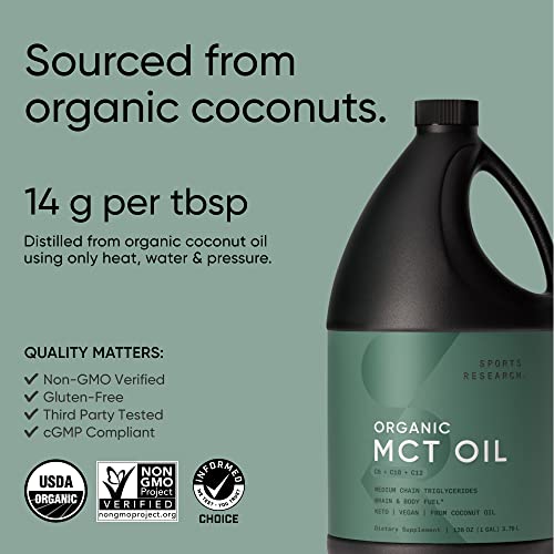 Sports Research Keto MCT Oil from Organic Coconuts - Fatty Acid Fuel for Body + Brain - Triple Ingredient C8, C10, C12 MCTs - Perfect in Coffee, Tea, & More - Non-GMO & Vegan - Unflavored (128 Oz)