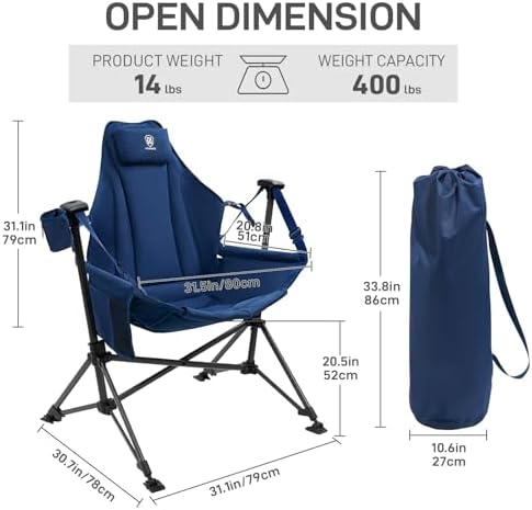 EVER ADVANCED Padded Hammock Camping Chair, Oversized Heavy Duty Swing Chair with Detachable Cup Holder, Portable Folding Rocking Camping Chair for Outdoor&Indoor, Support Up to 400lbs, Blue