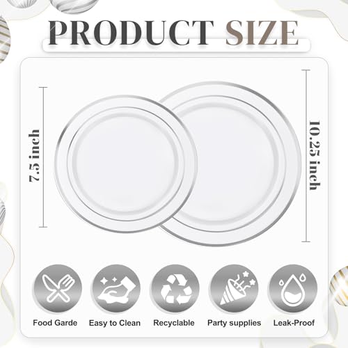 WDF 120PCS Plastic Christmas Plates White Silver Rim - Disposable Plates including 60PCS for Dinner 10.25inch, 60 Salad/Dessert Plates 7.5inch Heavy Duty Wedding