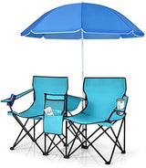 COSTWAY Double Portable Picnic Chairs, Folding Camping Chairs w/Detachable Umbrella, Cooler Bag, Cup Holders, Patio Beach Camping Chairs for Outdoors