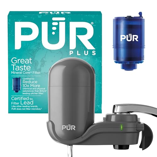 PUR PLUS Vertical Faucet Mount Water Filtration System, Lead-Reducing Filter, Great-Tasting Water, Easy Install, Lasts 100 Gallons, Compatible with Sinks with External Aerators, Grey