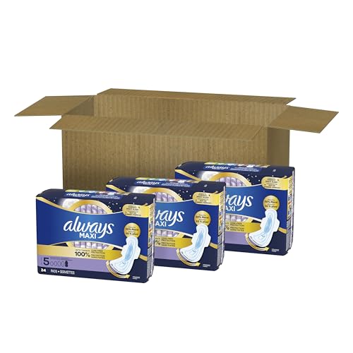 Always Maxi Overnight Pads with Wings, Size 5, Extra Heavy Overnight, Unscented, 72 Count