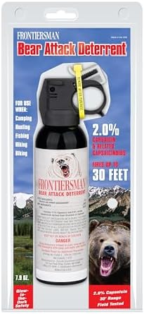 SABRE Frontiersman 7.9 fl oz. Bear Spray, Maximum Strength 2.0% Major Capsaicinoids, Powerful 30 ft. Range Bear Deterrent, Outdoor Camping & Hiking Protection, Quick Draw Holster & Multipack Options