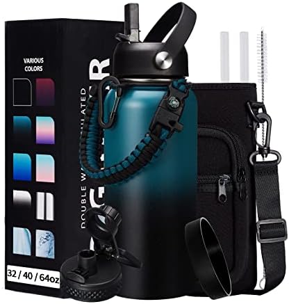 32/40/64/128 oz Insulated Water Bottle with straw & Spout Lids Keep Cold 48H Hot 24H, Large Water Flask Bottle with Shoulder Carrier Bag, Paracord Handle & Boot for Gym, Workout & Beach