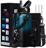 32/40/64/128 oz Insulated Water Bottle with straw & Spout Lids Keep Cold 48H Hot 24H, Large Water Flask Bottle with Shoulder Carrier Bag, Paracord Handle & Boot for Gym, Workout & Beach