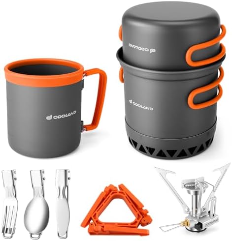 Odoland Camping Pots with Heat Exchanger Camping Cooking Set with Portable Camping Stove Camping Mess Kit Include Mug, Folding Utensil Set, Canister Stabilizer for Backpacking Outdoor Hiking & Picnic