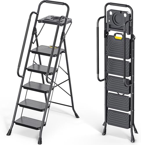 KINGRACK 5 Step Ladder, Sturdy Steel Step Stool with Anti-Slip Wide Pedals, Handrail, Safe-Lock Design, Pass 800lbs Load Testing, Folding Portable Ladder for Multi-Purpose, Home, Kitchen, Black