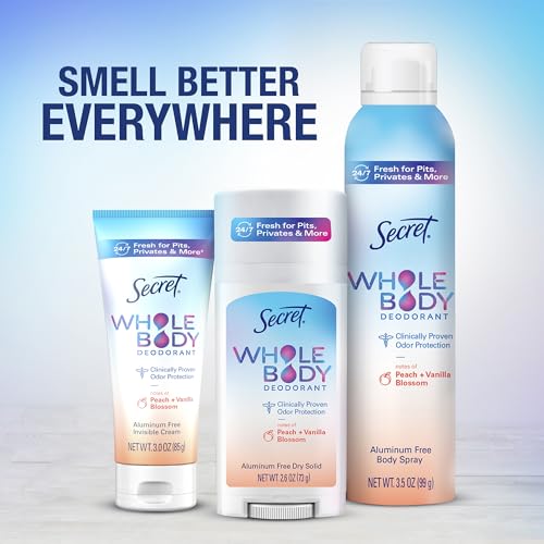 Secret Whole Body Deodorant Cream for Women, Peach & Vanilla Blossom Scent, Aluminum Free Deodorant, 72 HR Odor Protection, 3.0 oz