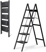 5 Step Folding Heavy Duty Step Ladder, 330 Lbs Load, Black, Iron & Plastic, 46 Inch Tall, Anti-Slip, Multi-Position, Indoor/Outdoor