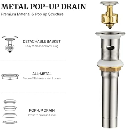 Pop up Sink Drain Stopper for Bathroom Vessel Vanity Sink Art Basin Brushed Nickel, Small Cap with Overflow, Metal Pop up Drain Strainer with Detachable Basket Stopper