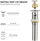 Pop up Sink Drain Stopper for Bathroom Vessel Vanity Sink Art Basin Brushed Nickel, Small Cap with Overflow, Metal Pop up Drain Strainer with Detachable Basket Stopper