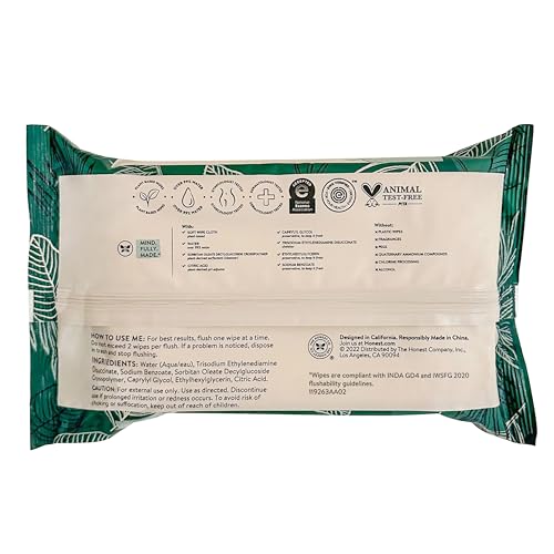 The Honest Company Flushable Wipes for Sensitive Skin | Fragrance Free, Hypoallergenic, 99% Water, Safe to Flush | pH Balanced Feminine Wipes | Tropical Leaves, 336 Count