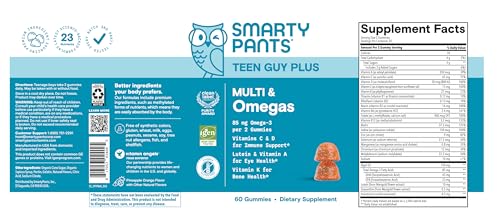 SmartyPants Teen Guy Multivitamin Gummies - Improved Formula: Omega 3 (DHA/EPA), Vitamin D3, C, Vitamin B12, B6, A, K & Zinc, Folate, Gluten Free, Fruit Flavor, 60 Count (30 Day Supply)