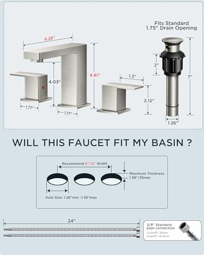 FORIOUS Brushed Nickel Bathroom Faucet for Sink 3 Hole 2 Handle, Stainless Steel Square 8" Widespread Bathroom Vanity Faucets Brushed Nickel 3 Hole with Metal Pop Up Drain, CUPC Water Hoses