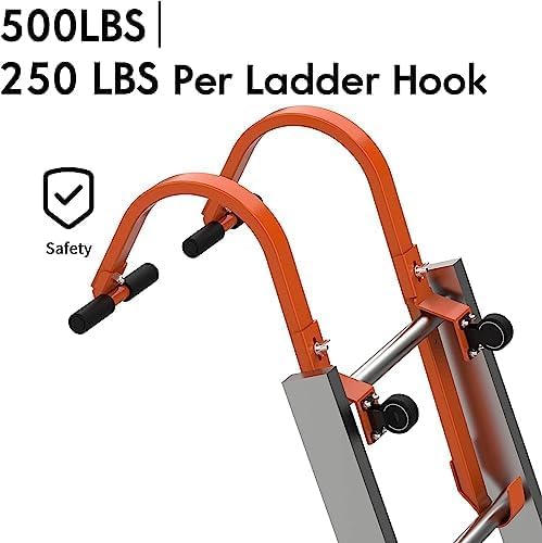 Roof Ladder Hook, 2 Pack Ladder Stabilizer, Heavy Duty Steel 500 Lbs Weight Ratin, Roof Ridge Extension with Wheel for Safe and Easy Access