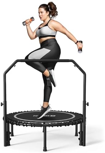 BCAN 450/550 LBS Foldable Mini Trampoline, 40"/48" Adult Fitness Trampoline with Bungees, U Shape Adjustable Foam Handle, Stable & Quiet Exercise Rebounder,Indoor/Outdoor Workout