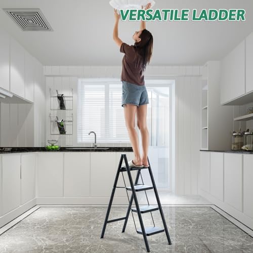 4 Step Ladder Folding Step Stool, Heavy Duty 330 Lbs Load Step Ladders for Home, Tall Kitchen/Closet Stepladder for Adults, Black Small & Lightweight Ladder with Anti-Slip Wide Pedals by OOSOFITT