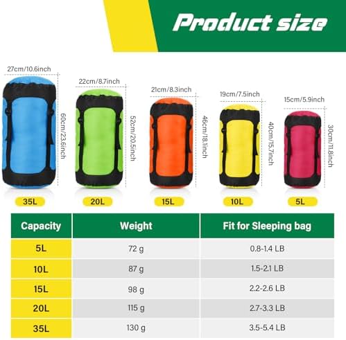 5 Pcs Compression Sacks for Backpacking 5L/10L/15L/20L/35L Camping Sleeping Bag Stuff Sack Water Resistant Sleeping Bag Storage Sack for Space Saving Hiking Gear