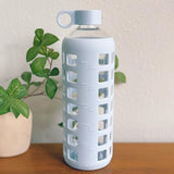 purifyou 40/32/22/12 oz Borosilicate Glass Water Bottles with Volume Markers, Silicone Sleeve, Stainless Steel Lid, Reusable Bottle for Water, Juice, Gym, and Fridge Storage (32oz Ice Blue)