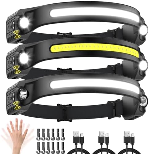 Rechargeable Headlamp with 2 Spotlights, 3Pack LED Headlamp, 230° Wide Beam Head Lamp, Motion Sensor Headlight, 5Mode Head Lights for Forehead Waterproof, Headlamps for Adults Hard Hat Running Camping