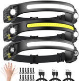 Rechargeable Headlamp with 2 Spotlights, 3Pack LED Headlamp, 230° Wide Beam Head Lamp, Motion Sensor Headlight, 5Mode Head Lights for Forehead Waterproof, Headlamps for Adults Hard Hat Running Camping
