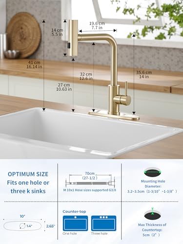 Gold Kitchen Faucets with Pull Down Sprayer,Waterfall Kitchen Sink Faucet,Commercial Utility Stainless Steel Kitchen Faucets,Single Handle Kitchen Sink Faucet with Pull Down Sprayer for 3 Function