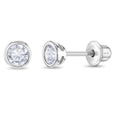 In Season Jewelry Sterling Silver 4mm Bezel Cubic Zirconia Toddler Girls Safety Screw Back Earrings - Lightweight and Hypoallergenic Safe for Babies Girls (Clear CZ)
