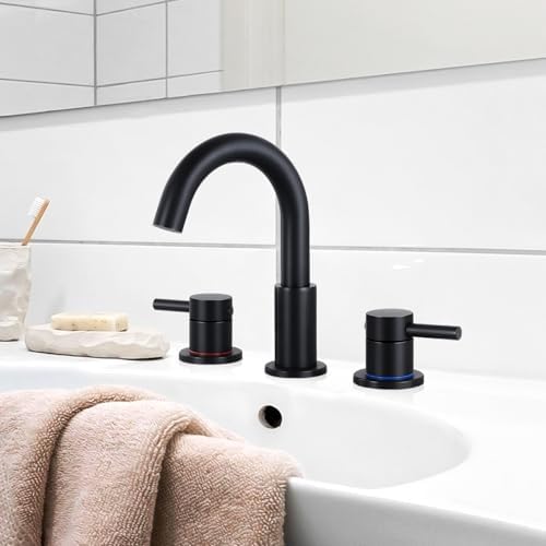 FGKQ Black Bathroom Faucet for Sink 3 Hole, Bathroom Sink Faucet with Pop Up Drain, 8 Inch Widespread Vanity Faucet 3 Hole, 360° Swivel Two Handle with Supply Lines
