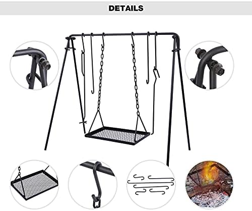 REDCAMP Grill Swing Campfire Grill Stand with Iron Grill Grate, Collapsible Campfire Cooking Rack w/6 Hooks,Portable Cookware Hanging Rack Outdoor Camping Bonfire for Cookware & Dutch Oven,Rectangle