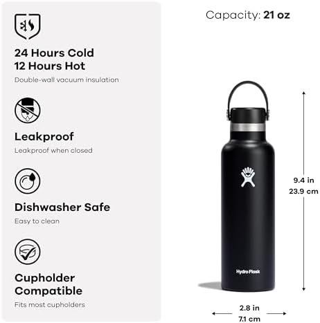 Hydro Flask Stainless Steel Standard Mouth Water Bottle with Flex Cap and Double-Wall Vacuum Insulation