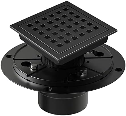 EXF Square Shower Drain 4-3/8 Inch Matte Black, Stainless Steel Shower Floor Drain Kit with ABS Flange, Removable Cover Grid Grate, Hair Strainer