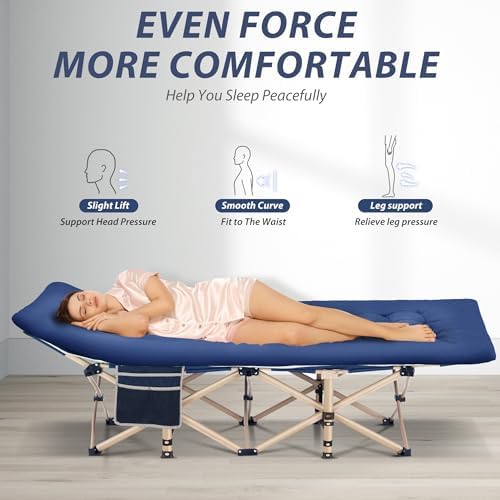 Folding Camping Cot for Sleeping, Portable Cots for Adults, Heavy Duty Cot Bed 550LBS(Max Load), Extra Wider Cots with Large Pocket for Outdoor, Office, Beach