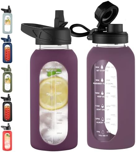 CIVAGO 32 oz Glass Water Bottle with Straw and Handle, Large Sports Motivational Water Bottle Flask with Time Marker and 2 Lids, Leakproof Water Jug Canteen with Silicone Sleeve for Gym,Mauve