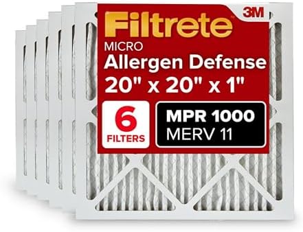 Filtrete 20x20x1 AC Furnace Air Filter, MERV 11, MPR 1000, Micro Allergen Defense, 3-Month Pleated 1-Inch Electrostatic Air Cleaning Filter, 6 Pack (Actual Size 19.69 x 19.69 x 0.81 in)