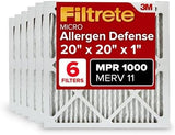 Filtrete 20x20x1 AC Furnace Air Filter, MERV 11, MPR 1000, Micro Allergen Defense, 3-Month Pleated 1-Inch Electrostatic Air Cleaning Filter, 6 Pack (Actual Size 19.69 x 19.69 x 0.81 in)