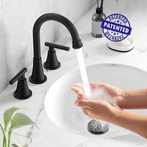 Bathroom Faucets for Sink 3 Hole, Hurran Matte Black Bathroom Sink Faucet with Pop-up Drain and Supply Lines, Stainless Steel Lead-Free Widespread Faucet for Vanity RV Farmhouse, 2 Pack