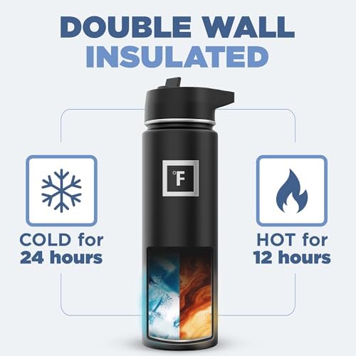 IRON °FLASK Camping & Hiking Hydration Flask with 3 Lids - Stainless Steel, Double Walled & Vacuum Insulated Water Bottle - Leak Proof & BPA Free (Day & Night, Straw - 22 oz)