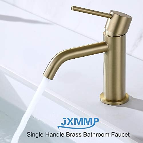 Brushed Gold Bathroom Faucet, Single Handle Brass Sink Faucet Bathroom Single Hole with Pop Up Sink Drain Assembly and Water Faucet Supply Lines
