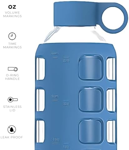 purifyou Premium 40/32 / 22/12 oz Glass Water Bottles with Times to Drink and Volume, Silicone Sleeve & Stainless Steel Lid Insert, Reusable for Fridge Water, Fruit Juice (32oz Chinese Porcelain)