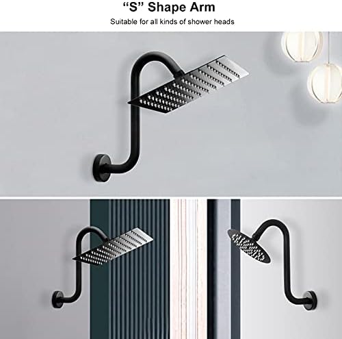 NearMoon S Shaped Shower Head Riser Pipe, Shower Extender Arm with Flange, Standard 1/2" Connection- Bathroom Accessory, 12 Inch (1 Pack, Matte Black)