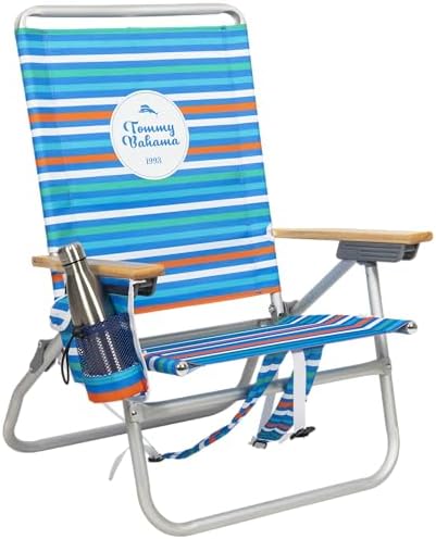 Tommy Bahama 4-Position, Extended 12.8" seat Height Easy in-Easy Out Folding Backpack Beach Chair, Logo Stripe