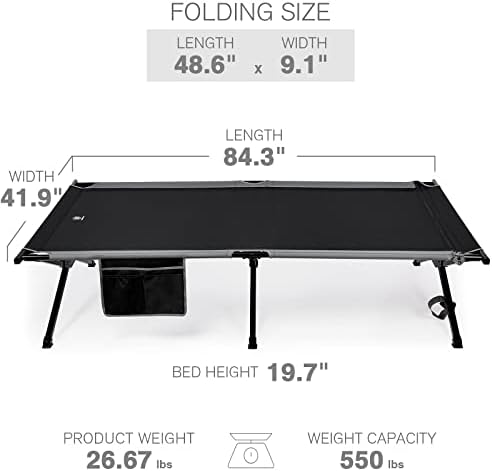 EVER ADVANCED Extra Wide Camping Cot for Adults Oversized XXL Sleeping Cots Folding Cot Bed with Carry Bag, 84.3" L x 41.9" W, Support to 550 lbs